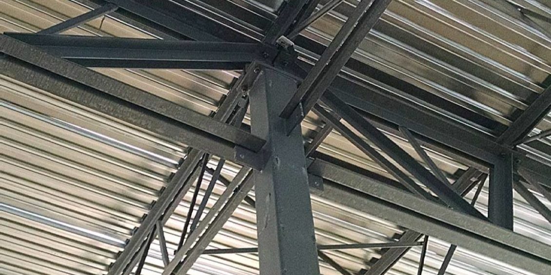 close up of steel beams holding up a steel roof